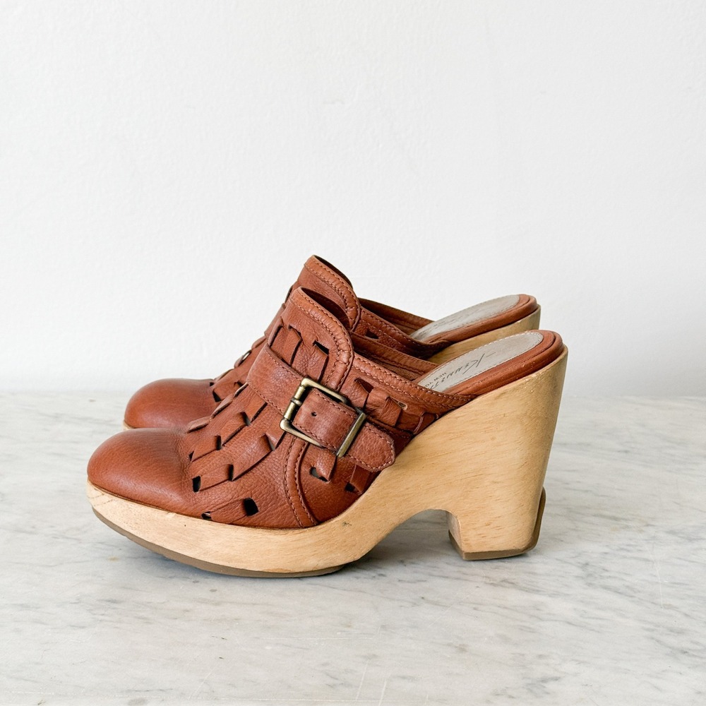 Kenneth Cole New York Brown Woven Leather Wood Platform Clogs Mules size 6
